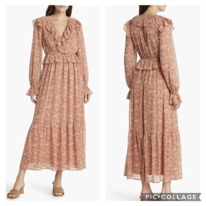MOON RIVER Print Ruffle Long Sleeve Tiered Maxi Dress in Rust Multi Size medium